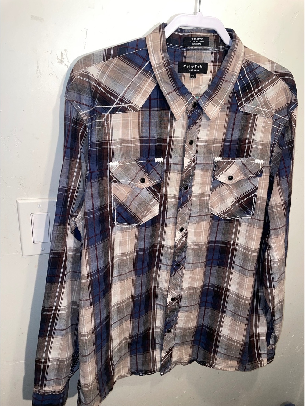 Eighty Eight Platinum XXL Men's Blue and Brown Plaid Button-Up Shirt Western - Picture 2 of 5